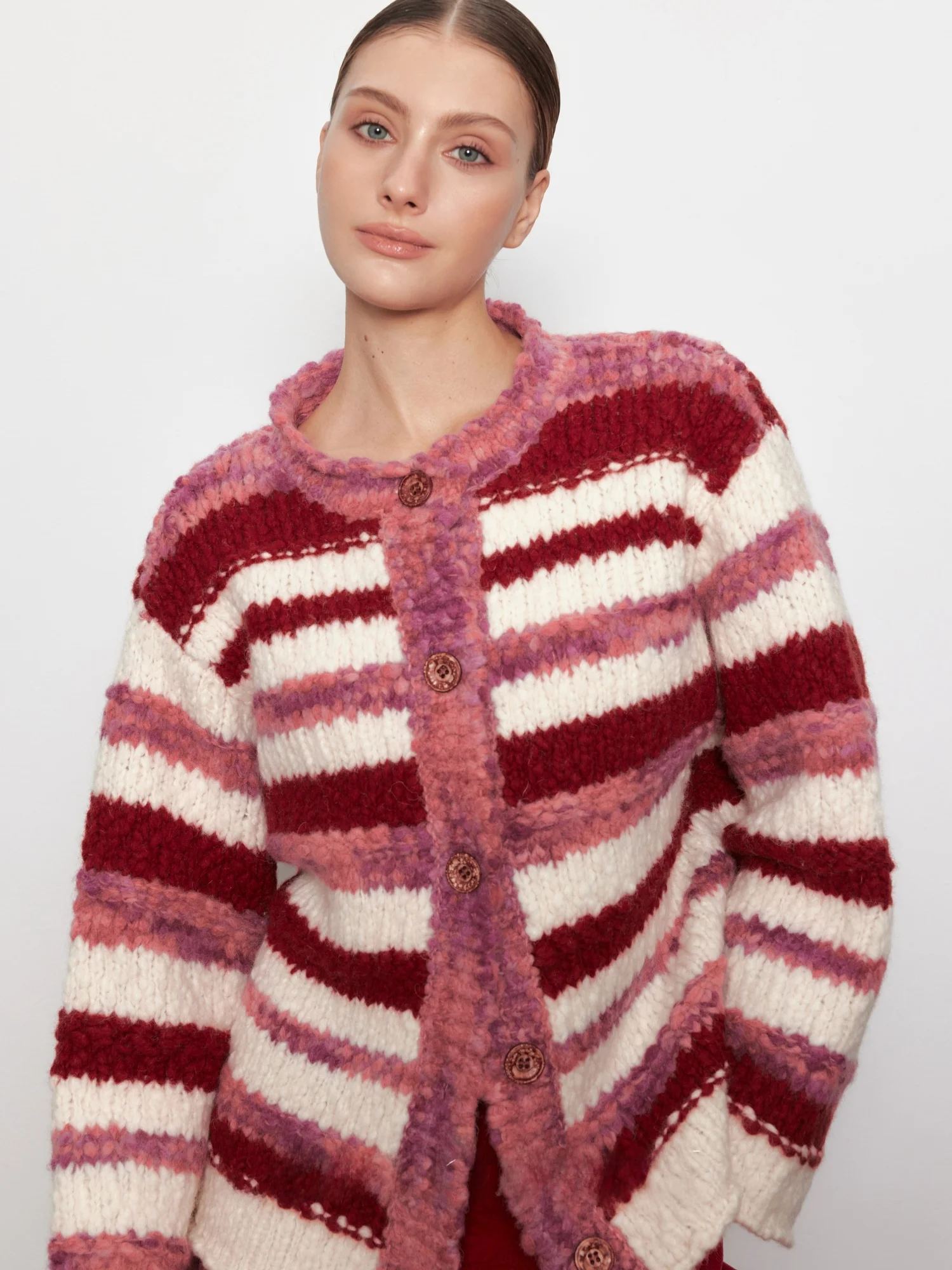 

Warmth Lean Project Handmade Hook Needle Thi Tweed Retro Stripes adient Loose round Ne Sweater Cardigan Wool Blend Long...