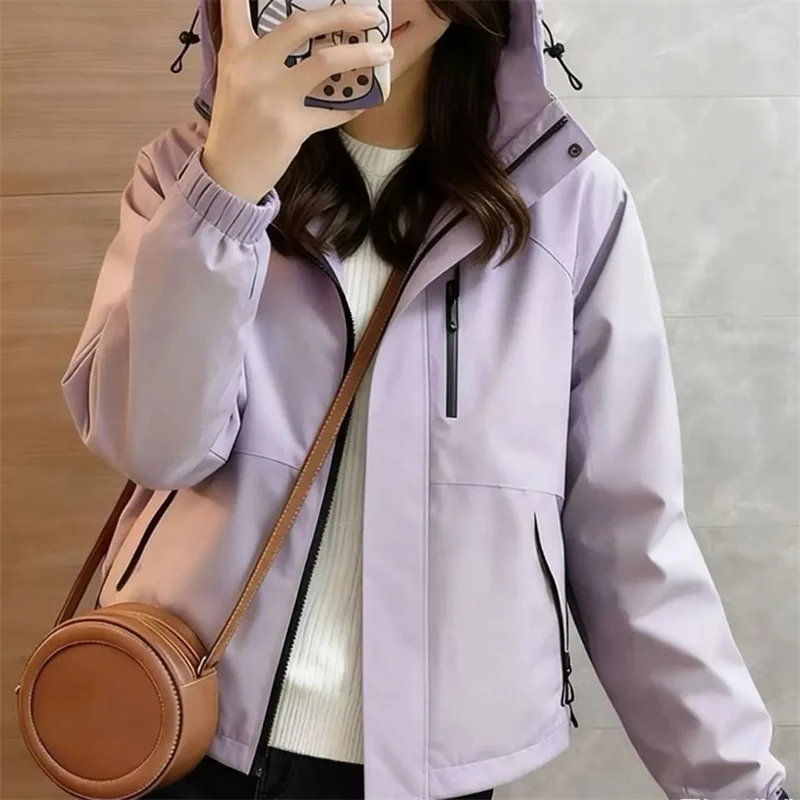 

Весенне-осенняя женская куртка с длинными рукавами, корейская женская однотонная короткая верхняя одежда, новая повседневная куртка-штормовка с капюшоном