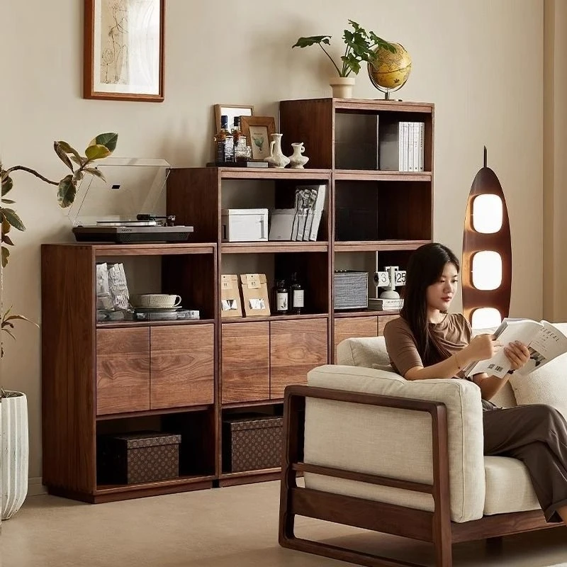 North American black walnut all-solid wood bookcase, Nordic floor-to-ceiling home bookshelf with door, free combination storage