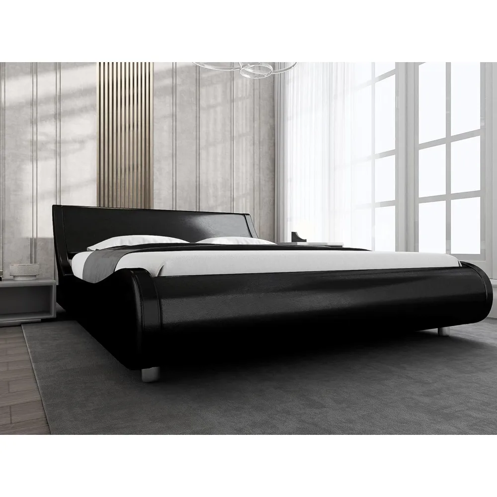 

Upholstered Full Size Platform Bed Frame Modern Low Profile Sleigh Bed with Faux Leather Adjustable Headboard