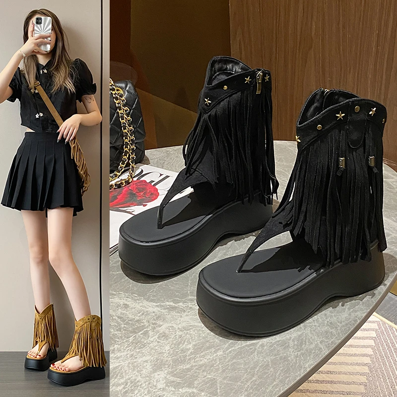 2024 Chunky Heels Sandals Punk High-Top Tassels Shoes Women Open Toe Platform Wedge Heels Summer Sandale  Femme