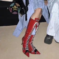 2024 New Colorful Ladies Patent Leather Knight Boots Lace-Up Stilettos Pointed Toe Knee High Sexy Girl Red Long Boots for Women