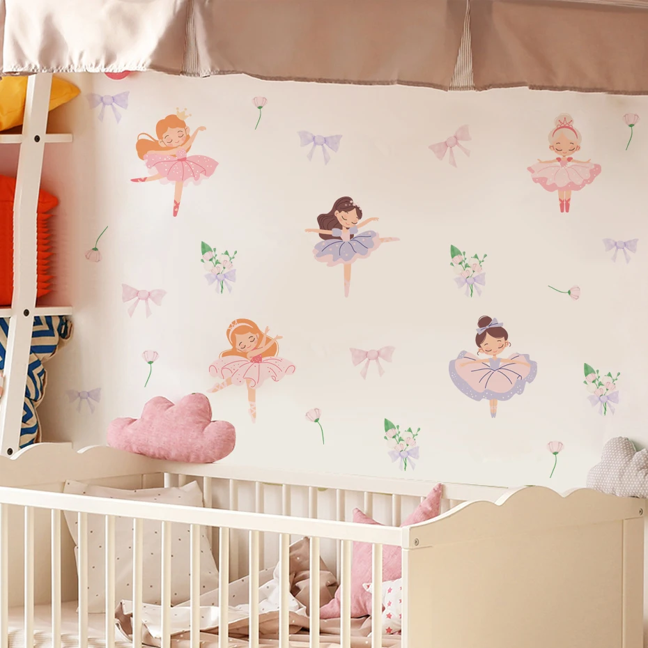 Fairy Ballet Dancer Bow Wall Stickers for Kids Rooms Girls Baby Room Bedroom Decoration Cute Nursery Wallpaper Self-adhesive