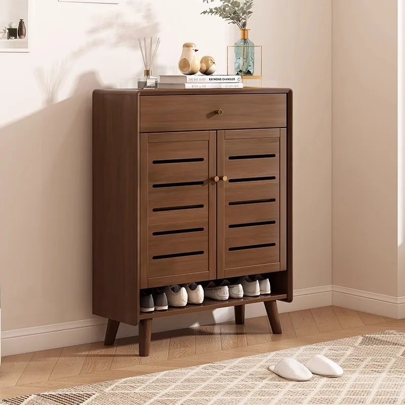 Modern Japanese Design Shoe Rack Cabinet Simple Natural Wood and Rattan for Entryway or Living Room Shoe Storage Shelves