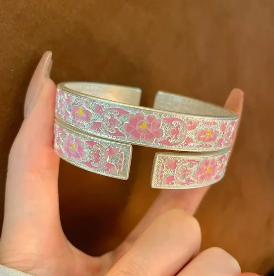 

pure silver 999 bangles for women expoy peony opening bangle pink flower buddha bangles 10.2mm