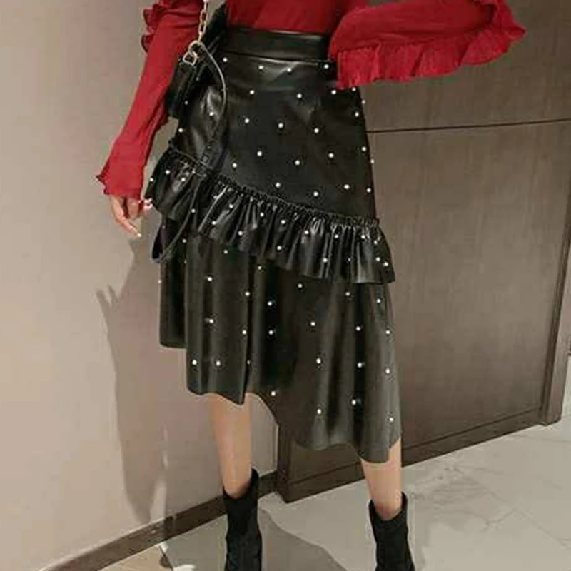 Install new Amazon independent station hot beaded skirt leather  harajuku  black skirt  pleated skirt   A-LINE  Casual  RUFFLES