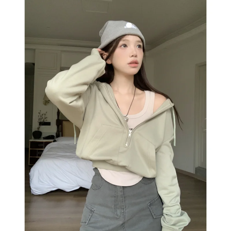 

Women Apricot Sweatshirt Solid Streetwear Hooded Coat Vintage Long Sleeve Fashion Casual Y2K NEW Winter Female Green Tops