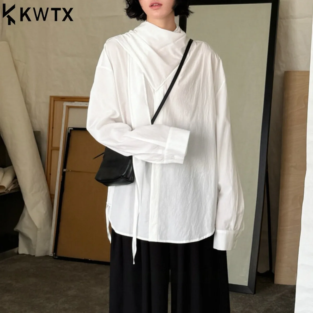 

KWTX Women's Lightweight Long Sleeve Blouse Irregular Scarf Collar Slim Fit Casual Chic Solid Spring Summer 2025 Premium Quality