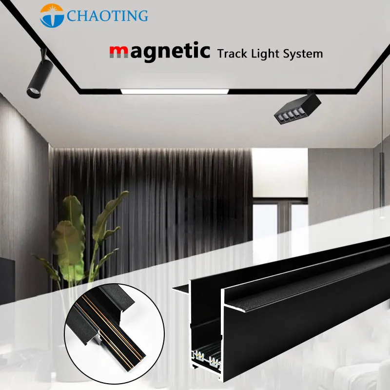 Lampu Sorot Linear Bergerak Rel Komersial 4 Kabel 1M Aluminium Langit-langit Tersembunyi Tersembunyi 0.5M 1M Sistem Pencahayaan Magnetik Led