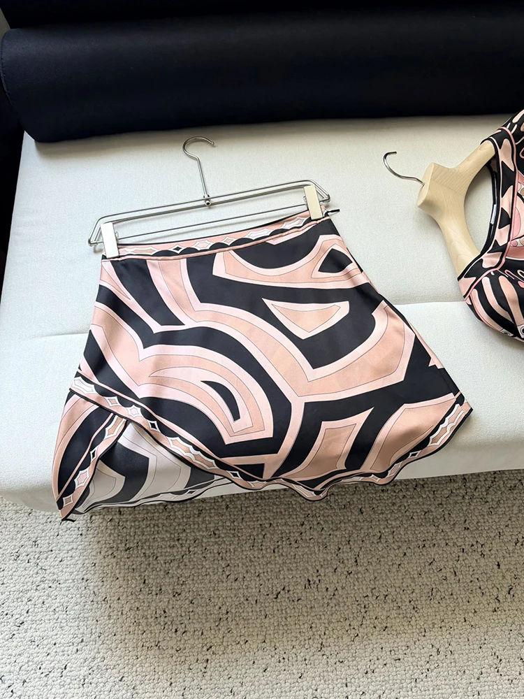 Summer Fashion Vintage Geometric Pattern Print Silk Mini Asymmetrical Skirt Women's Party Middle Waist Slim A-Line Short Skirt
