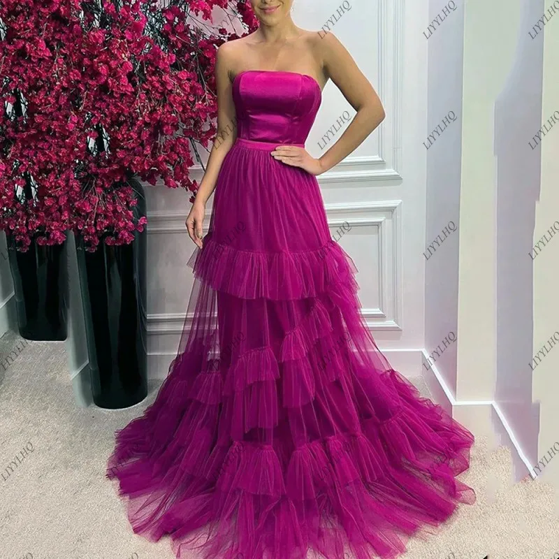 LIYYLHQ Purple Multilayer Tiered Tulle Evening Party Dresses Elegant Women Vestidos De Noche Elegant Pleats Tulle Evening Dress