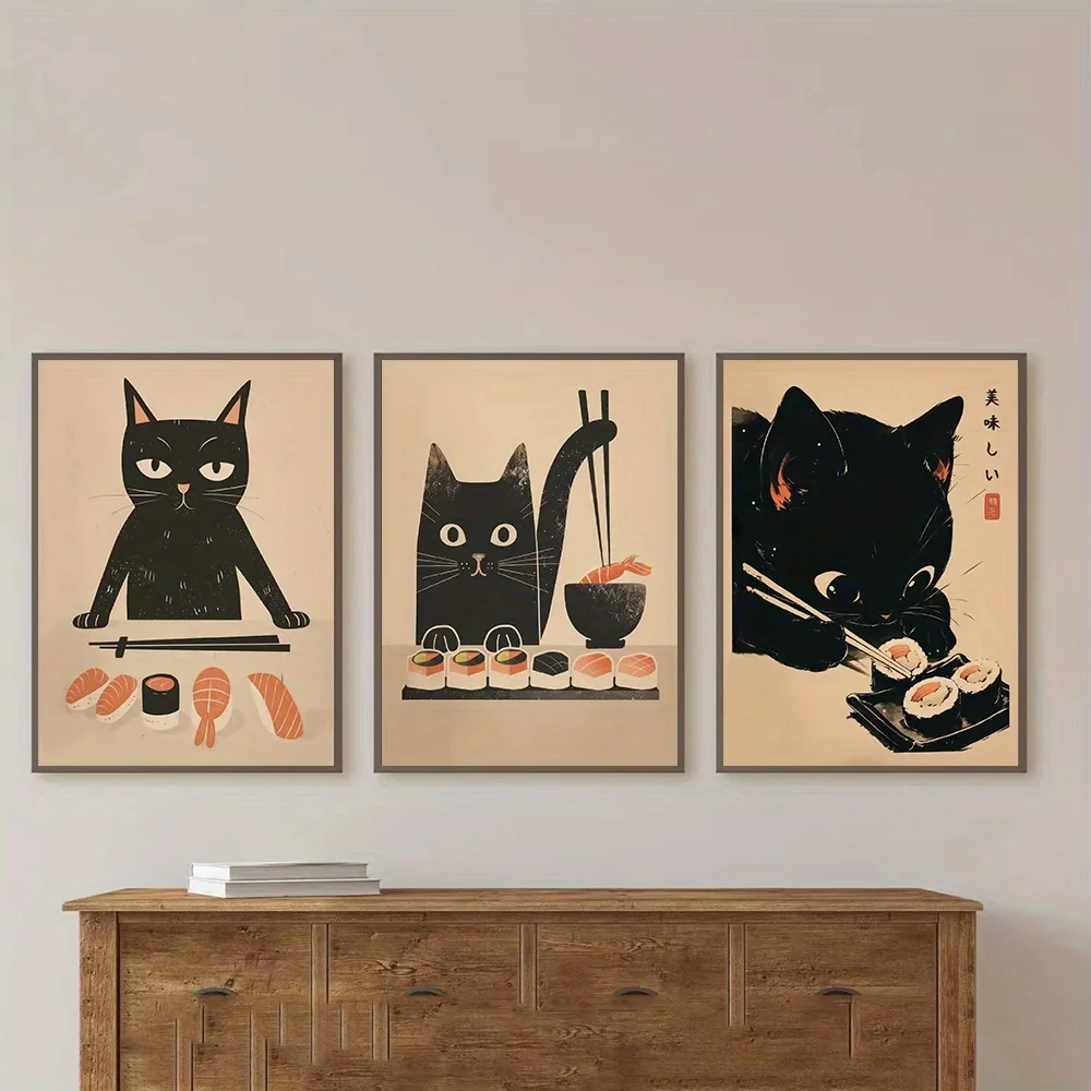 Póster sin marcos de primavera, 3 uds., comida Retro de animales bonitos, Chef de Sushi japonés, gato negro, estampado y carteles de Tokio, imagen artística de pared, 1 ud./3 uds.