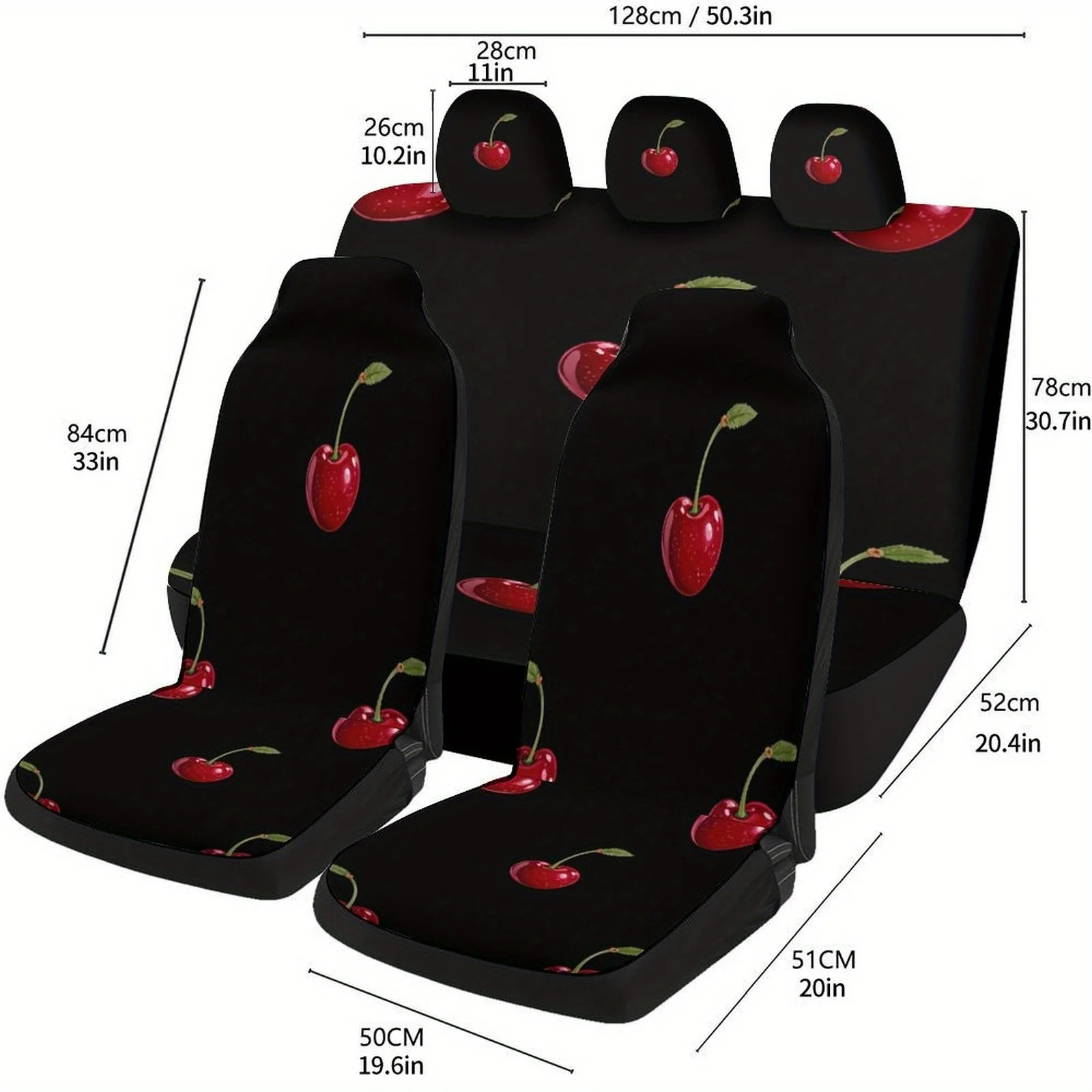 

Cherry Fruits Black Background Themed Car Seat Covers Set For Most Cars, Fashionable Decorative Car Seat Protector Covers Full S