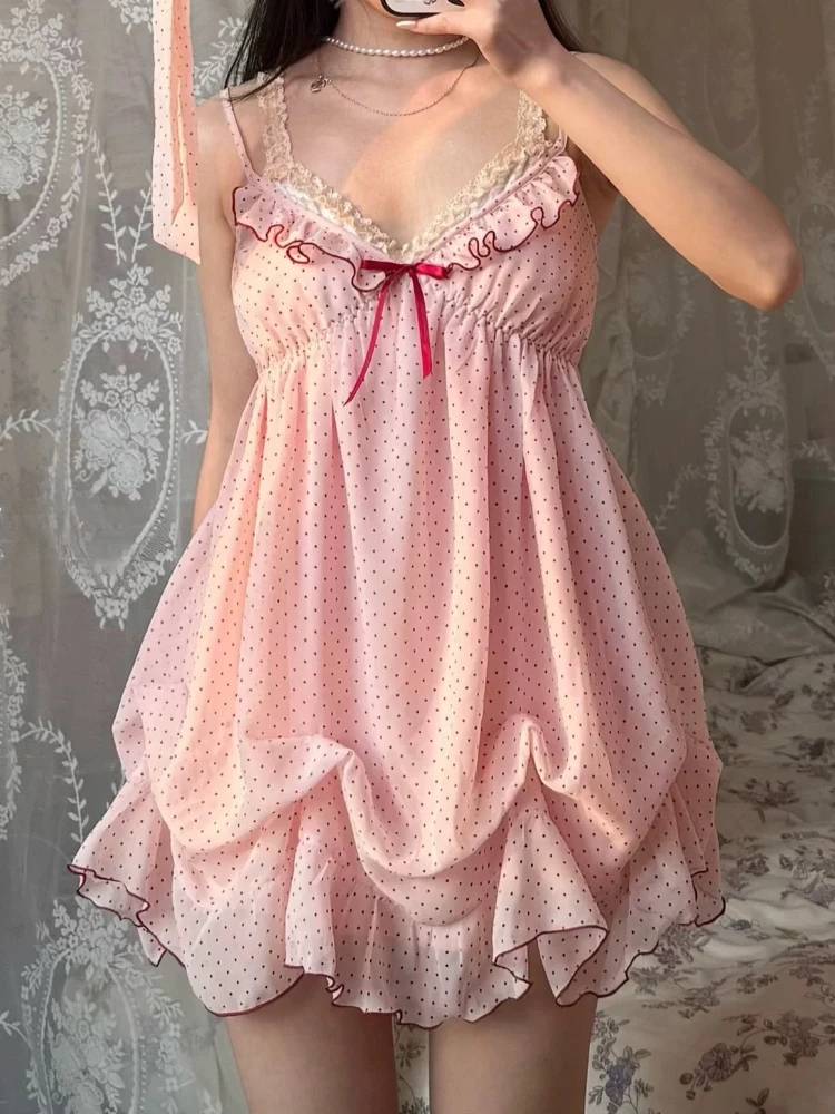 Set 2 Potong Lucu Manis Kawaii Jepang Atasan Renda Pendek Wanita + Gaun Polka Dot Setelan Retro Berbulu Merah Muda Chic Baru Musim Panas 2025