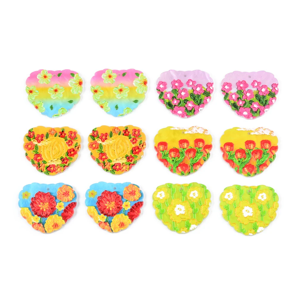 

6pcs/lot Heart Acrylic Plate Bright Flowers Pendants Jewelry Accessory Handmade Connector DIY Earring Component for Girl Jewelry