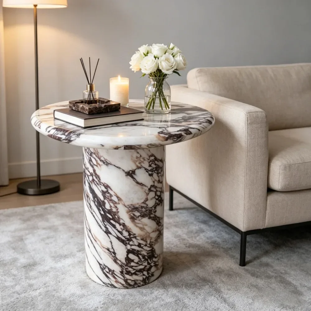 #High End Calacatta Viola Marble Side Table One Piece Solid Round Cylinder Stone Luxury Villa Sofa Side Accent End Table