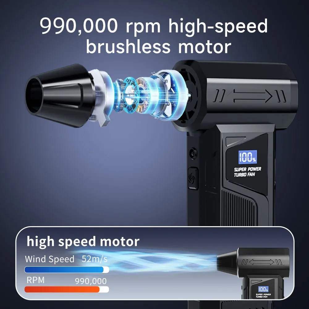 

Wireless Jet Fan 990000RPM Brushless Motor Turbo Jet Blower Car Vacuum Cleaner Lighting/Digital Display Outdoor Portable Blower