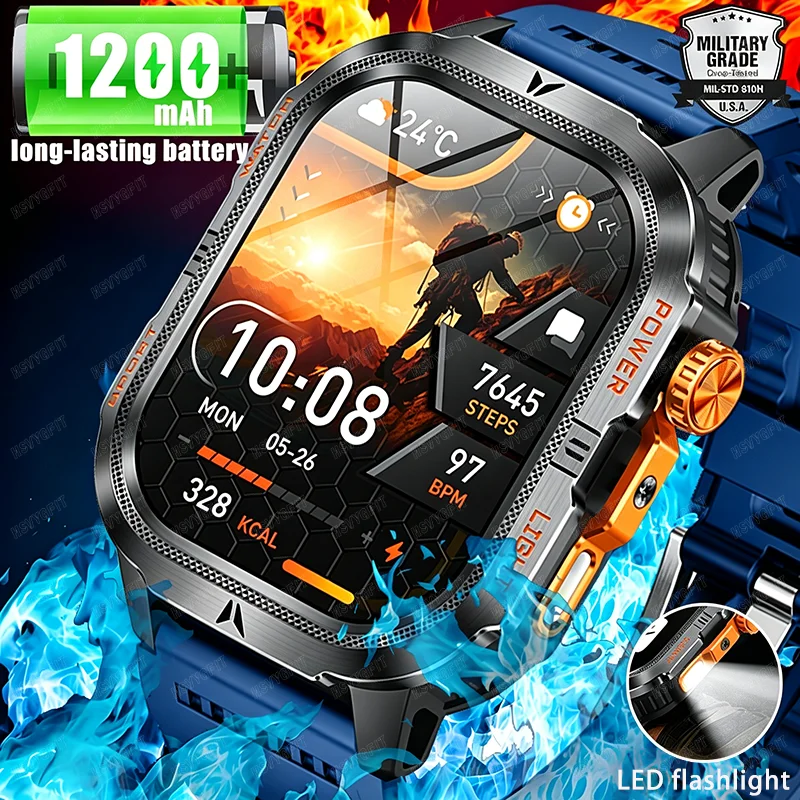 

New 1200mAh large battery military outdoor smartwatch for men, LED flashlight, 100+sports modes, 2.01” Bluetooth call smartwatc