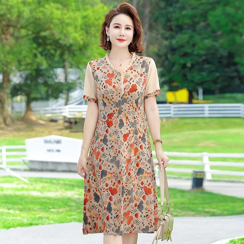 New Fashion Casual Summer Vintage Slim Dresses V-Neck Butterfly flowerl Elegant Party Dress Women Clothing