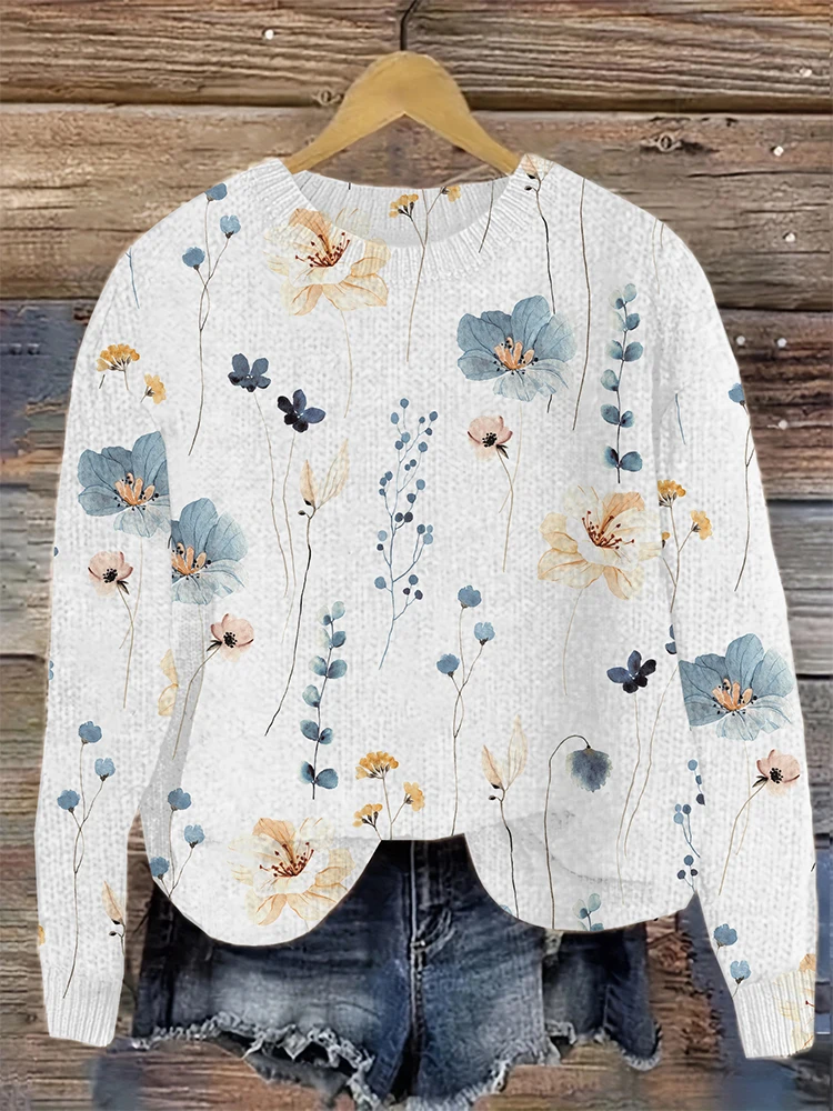 2024 Autumn and Winter New Women\'s Flower Embroidery Pattern Comfortable Knitted Sweater Retro Art Round Neck Casual Sweater