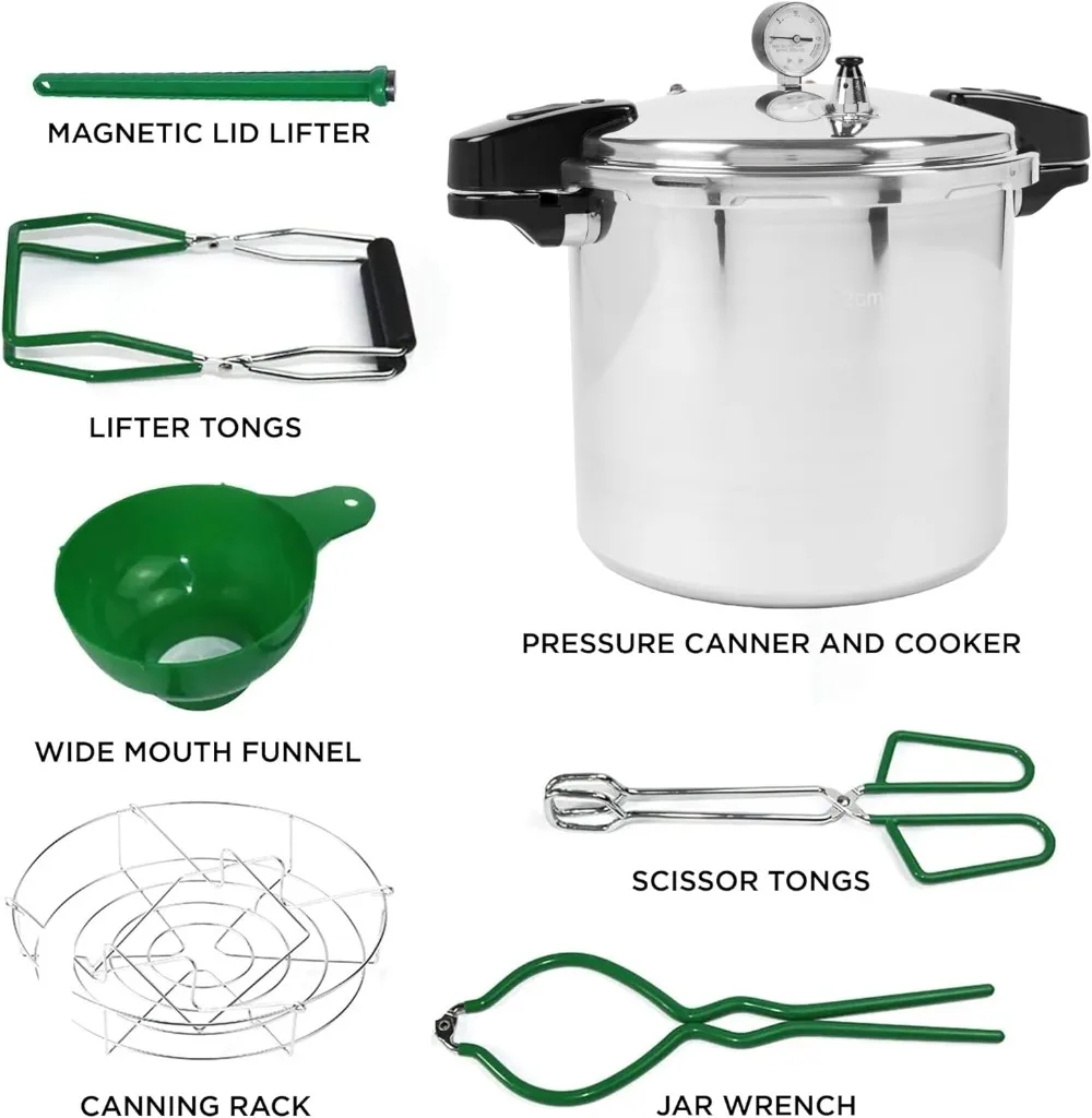 24qt Pressure Canner and Cooker Kit | Complete 7pc Canning Supplies Starter Set | Induction Pot, Gauge, Funnel, Jar Lifter