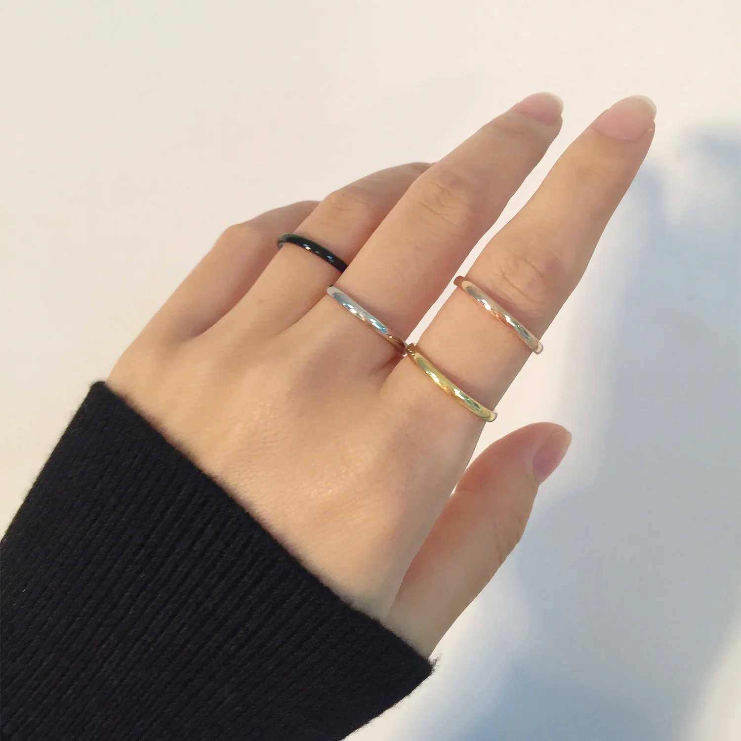 JHSL 2mm Small Mini Girl Women Rings Black Rose Gold Color Stainless Steel Simple Fashion Jewelry size 3 4 5 6 7 8 9 10
