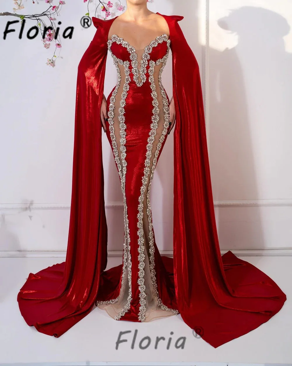 Grand Red Mermaid Evening Dresses with Long Shawl Handmade Crystal Flower Design Wedding Gowns Customized Celebrity Dress 2025