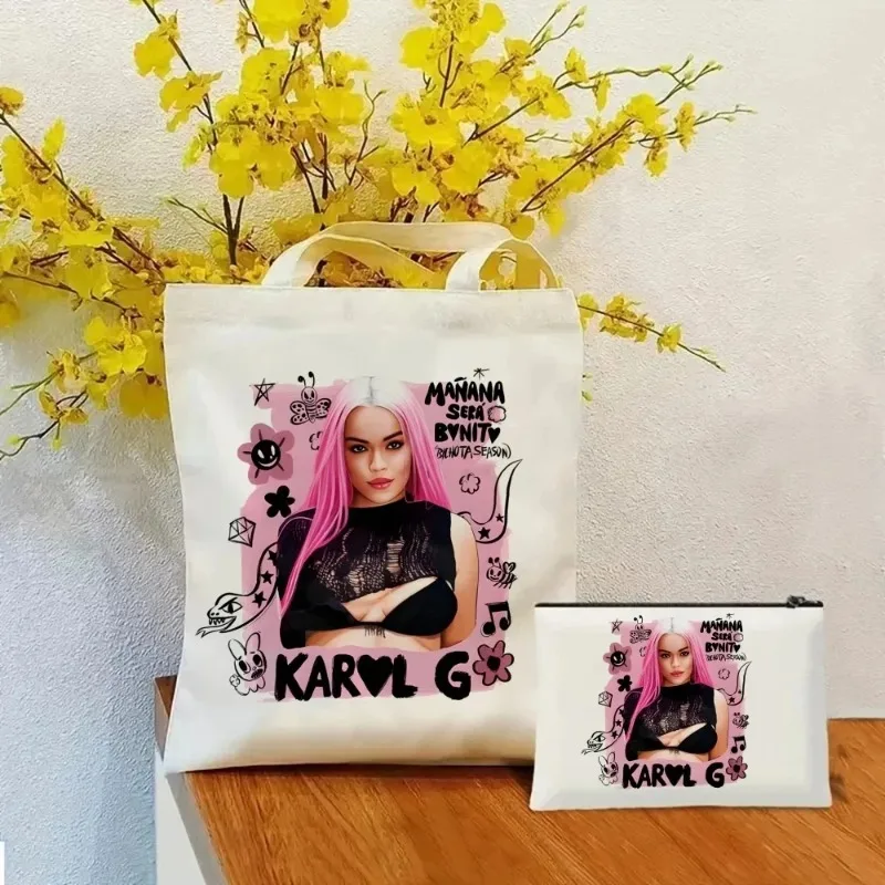 

2pcs/set Karol G Printing Fashion Handbag Ladies Cosmetic Organizer Canvas Shoulder Bag Eco Large Capacity Shopping Wallet Bag