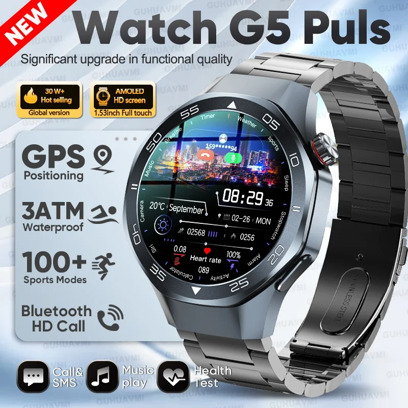 

2025Новые спортивные умные часы GT5 Pro для мужчин, HD AMOLED-экран, GPS-трекер, пульсометр, 3 атм, водонепроницаемые, Bluetooth, умные часы с вызовом