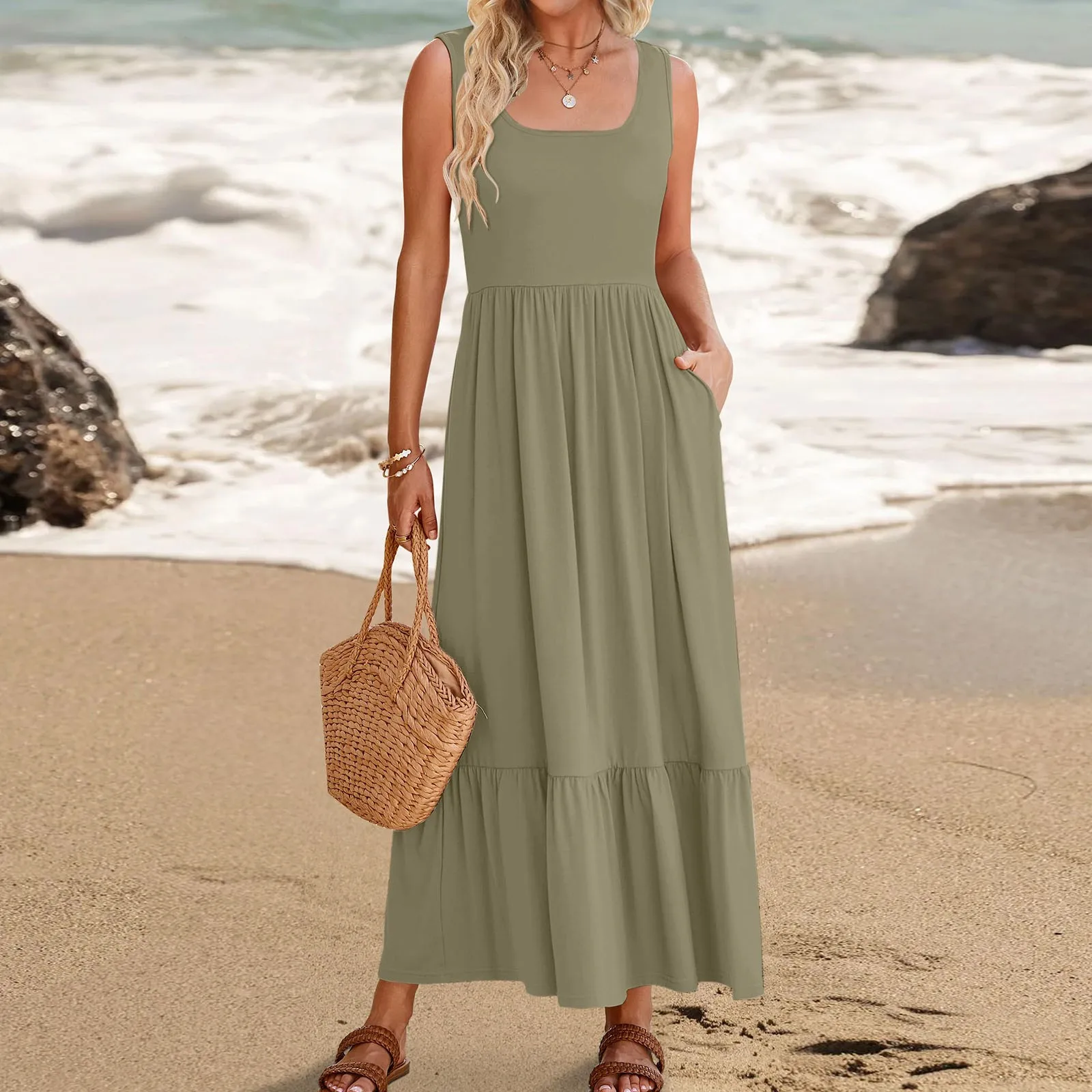 Long Summer Dress Women's Summer Sleeveless Dress Square Neck Pleated Swing Casual Maxi Dresses Womens Casual Evening Dresses