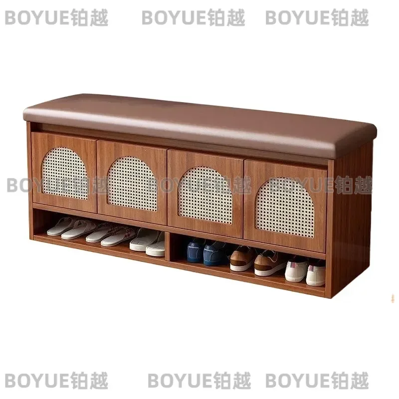 for Rattan Solid Wood Shoe Changing Stool Antique Entryway Bench with Integrated Shoe Rack Light Luxury Flip Shoe Cabinet