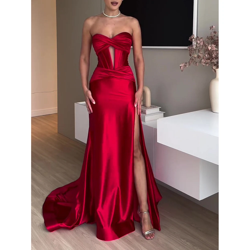 

Luxury Red Satin Trailing Evening Dresses Strapless Boat Neck Cut-Out Long A-Line Split Dresses Floor Length Evening Party Dress