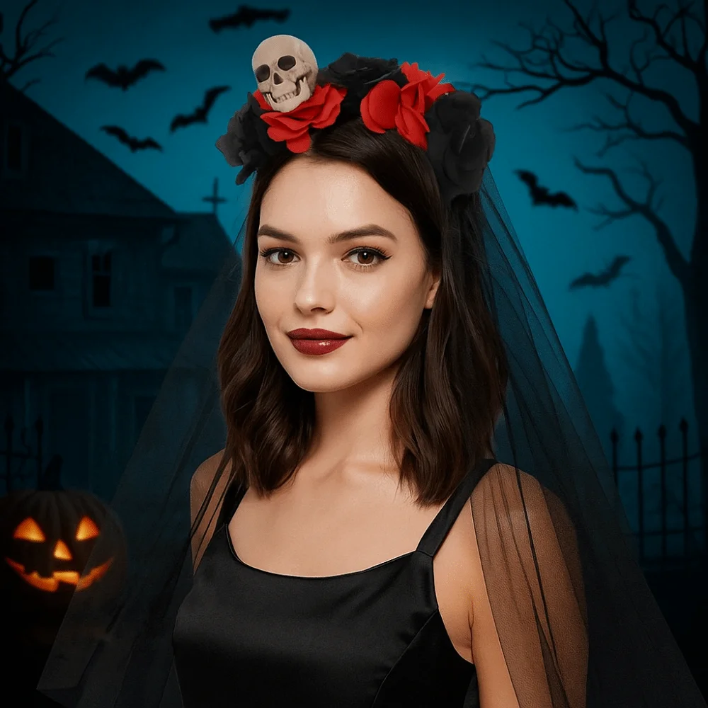 

Funny Black Rose Skull Hair Band Lace Artificial Rose Halloween Headband Garland Gothic Cosplay Headdress Party