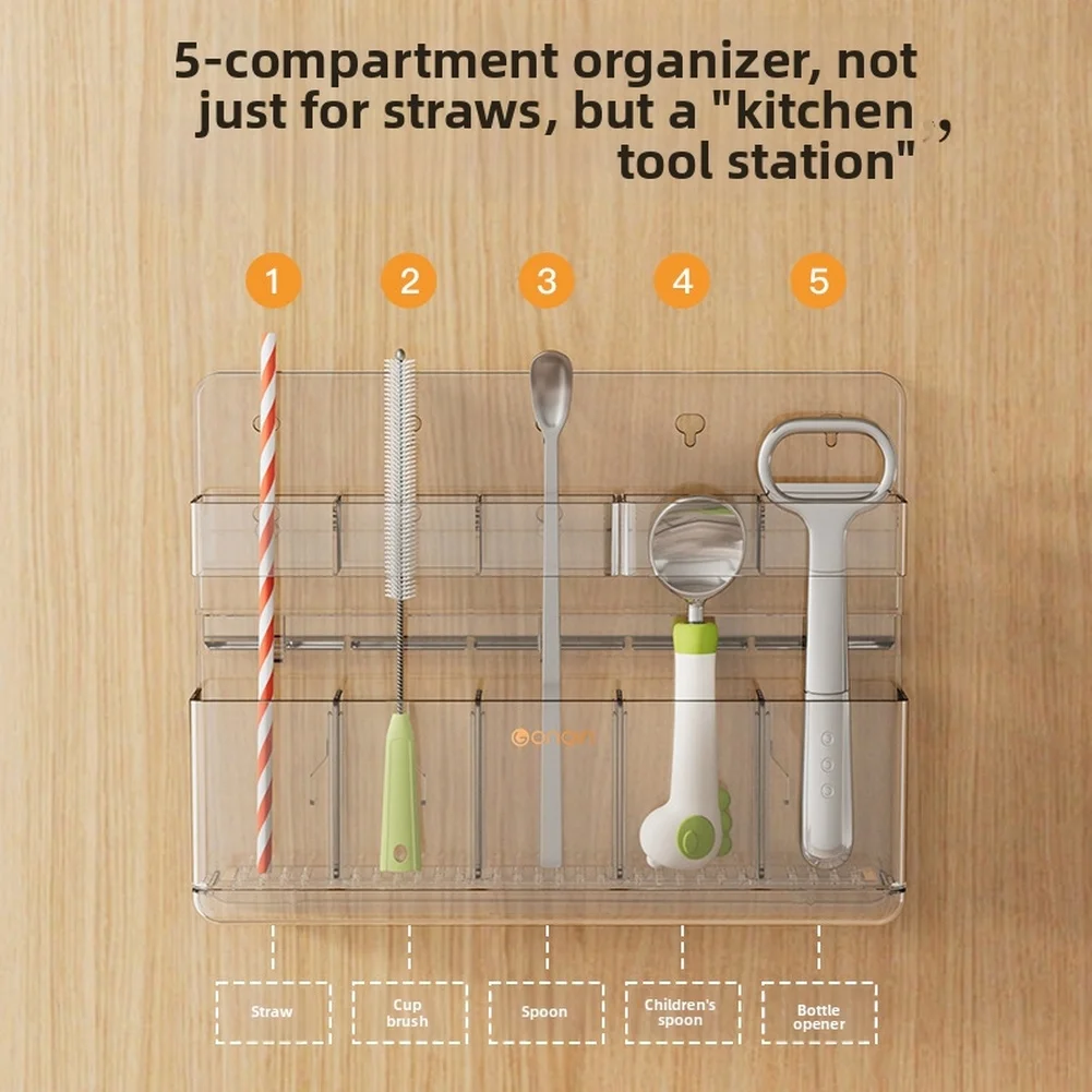 Kitchen Straw Holder with 5 Adjustable Compartments Wall Mounted Space Saving Design for Tumblers and Utensils 24x4x18.5cm