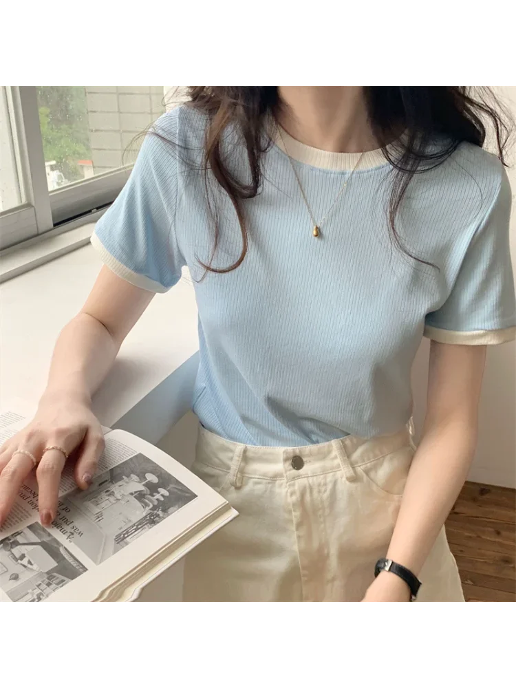 2026 New Arrival Women Slim Basic T-shirt Korean Fashion Round Neck Short Sleeve Casual Trendy Tops for Students Summer