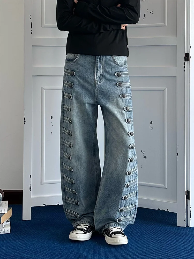 Loose Wide Leg Casual Long Pants Double Row Button Court Style Knife  American Napoleon Women's Design Sense Jeans