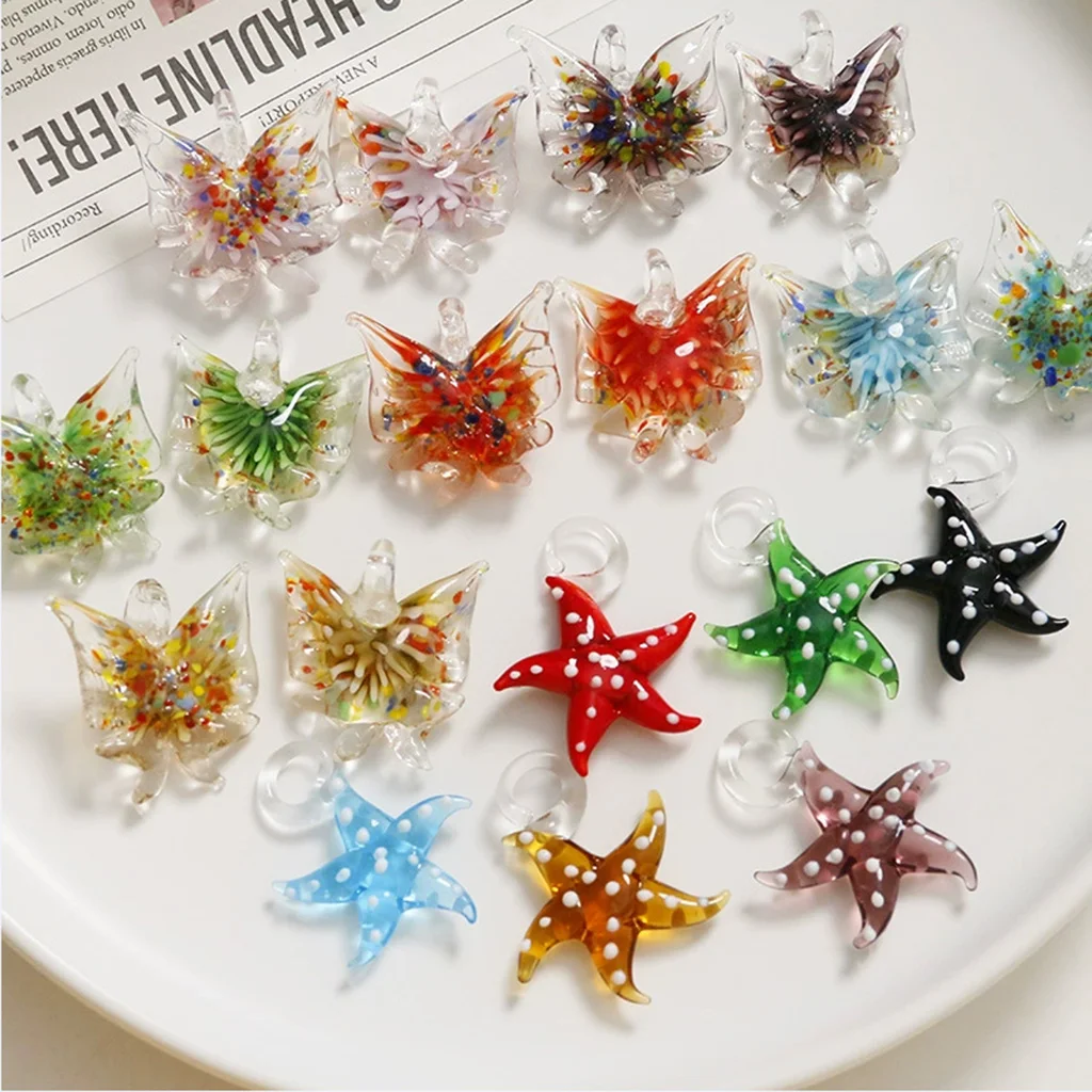 6PCS 29x29mm Murano Lampwork Glass Summer Beach Starfish Butterfly Pendant Necklace For Women Gift Sands Mix Color Jewelry