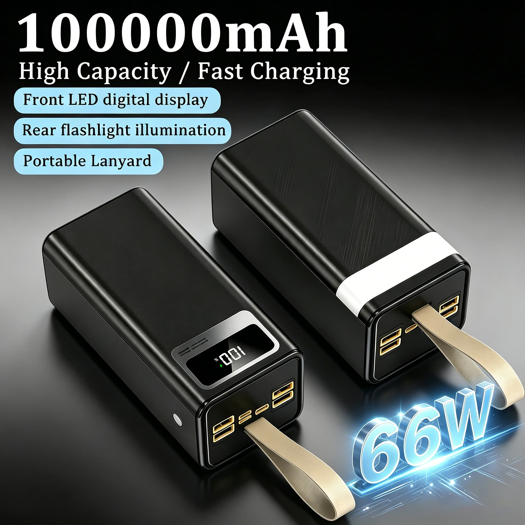 InTessry Power Bank 100000mAh, chargeur portable à charge ultra rapide 66W, affichage numérique LED intelligent, cordon en cuir, lampe de poche intégrée, prise en charge de la charge de plusieurs appareils, adapté aux iPhone, Android, tablettes et appareils numériques