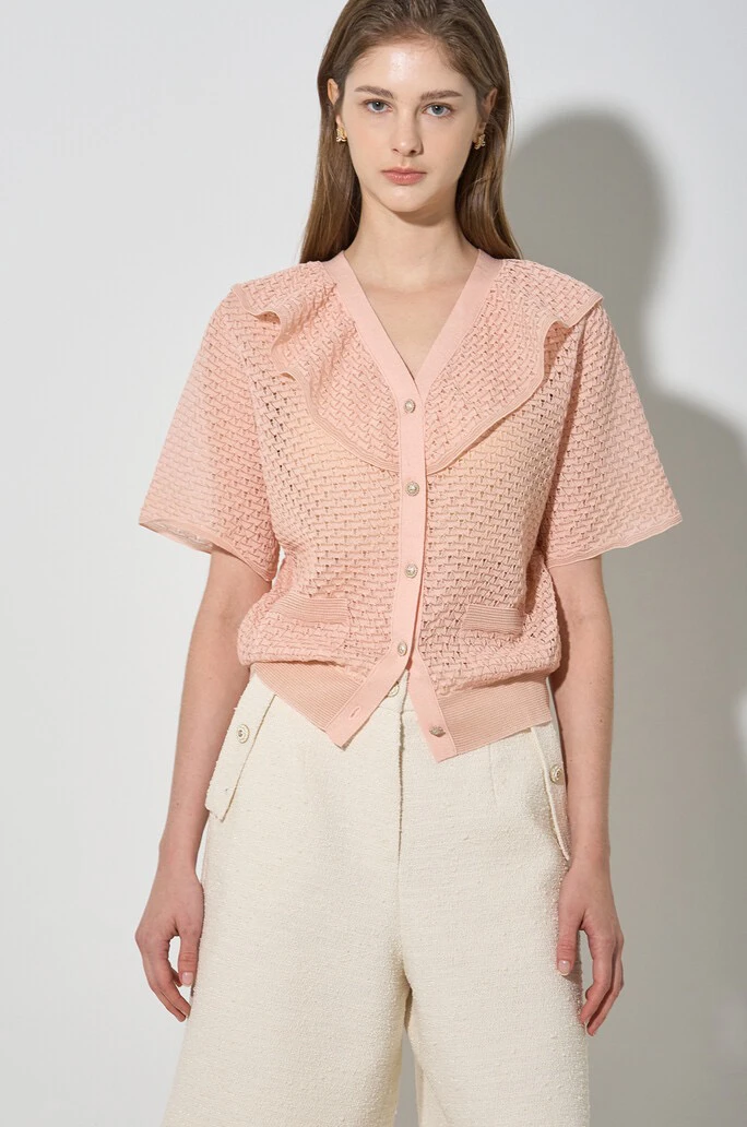 سترة Sweet Youthful LNVN 25 Summer ort Sve محبوكة مفتوحة من الدانتيل المجوف ومتعددة الاستخدامات للتخسيس على شكل حرف V Ne Button up Ca...