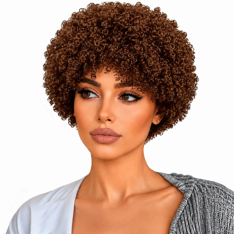 Women's light brown 8-inch spiral curl wig, fluffy, stylish, and versatile for party outfits.