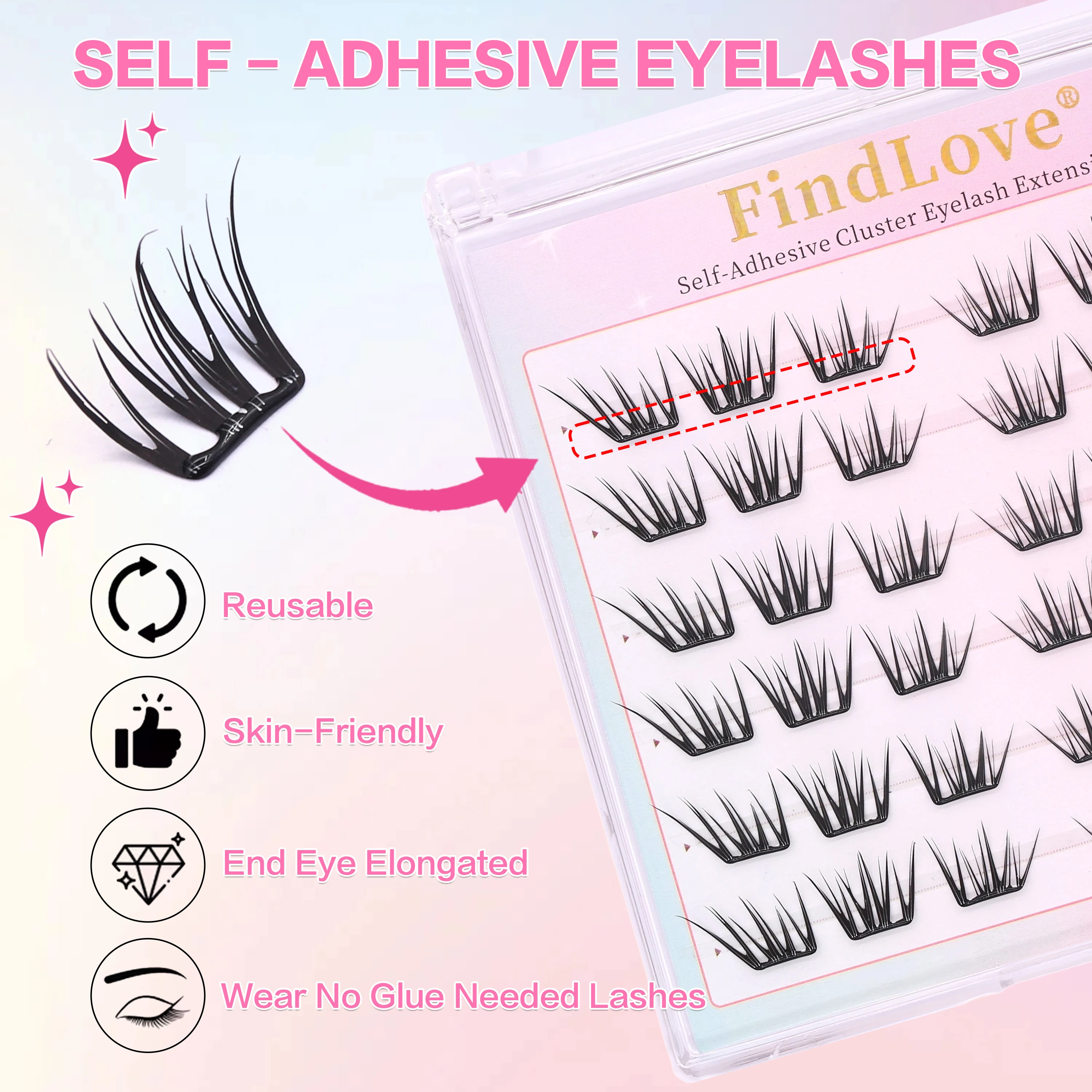 36pcs Cluster Cat Eye DIY Strong Findlove Thick Cosplay Style Self-adhesive Lashes Easy Makeup For Women Can Reusable 2-3times