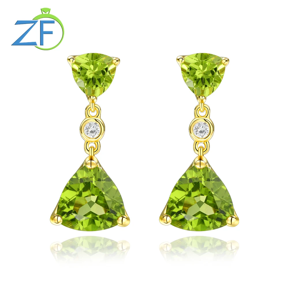 GZ ZONGFA Genuine 925 Sterling Silve Natural Peridot Drop Earrings for Women Triangle 7ct Gem 14K Gold Plated Fine Jewelry