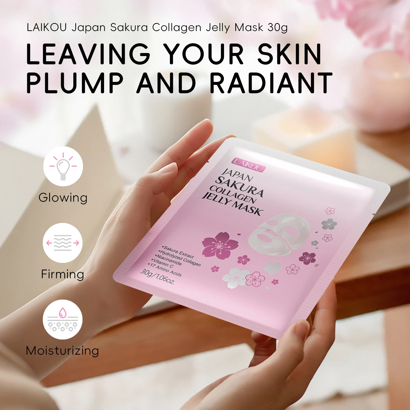LAIKOU Cherry Blossom Jelly Face Mask Intense Moisturizing Hydrating Sheet Mask for All Skin Types Collagen 5 Sheets/Box