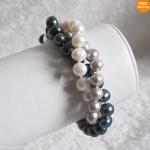 

Favorite Pearl Jewelry,8'' 7-8mm 3Rows White Gray Black Freshwater Pearl Bracelet,Wedding Party Birthday Charming Girl Lady Gift