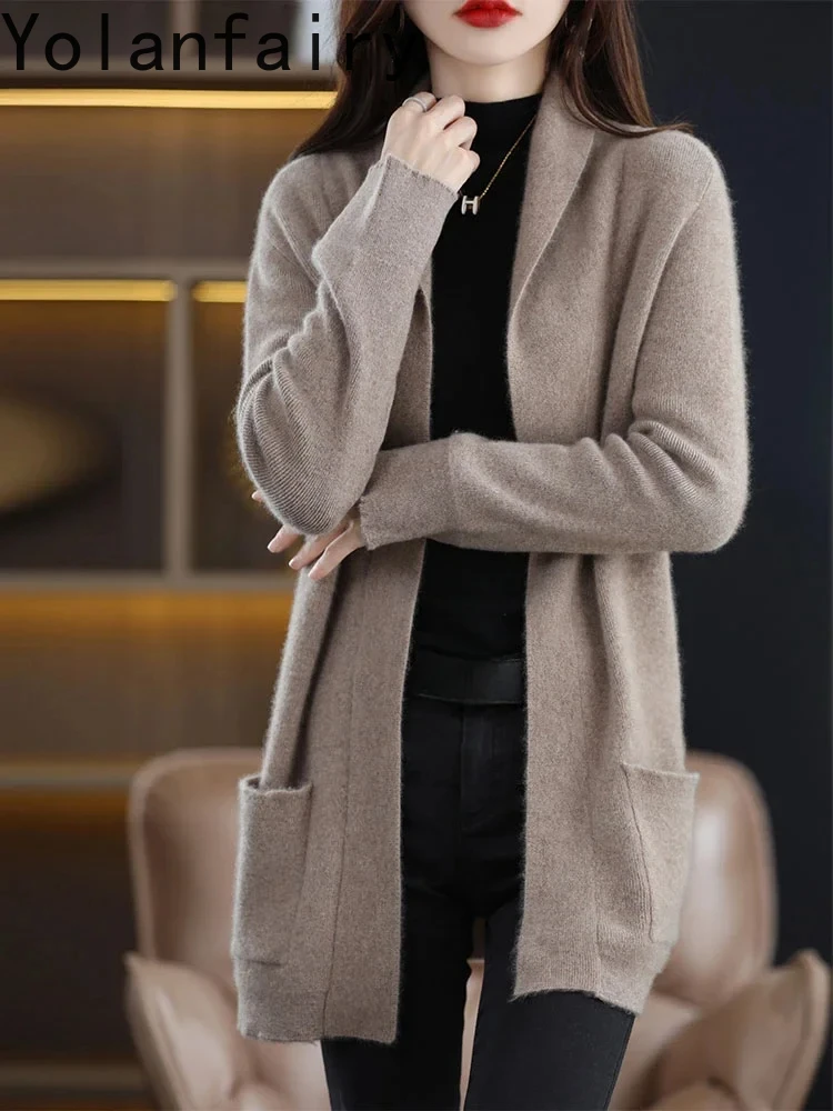 

Mid-Autumn And Winter Long Wool Cardigan Women's 100% Pure Wool Sweater Knitted Jacket 2022 New Loose Outside