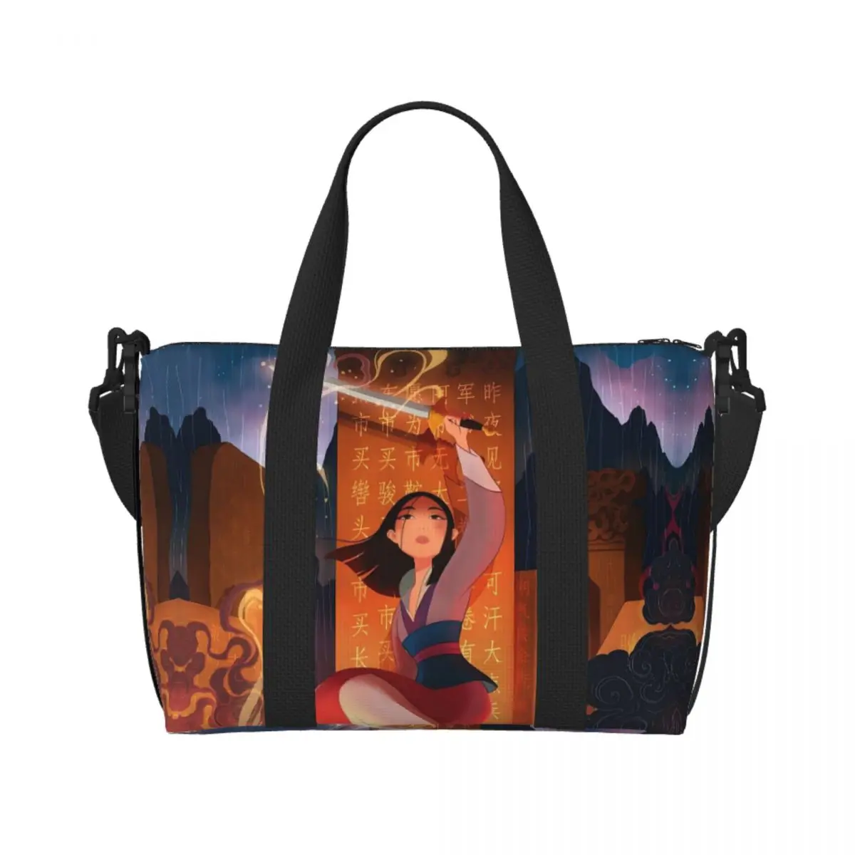 

Custom Mulan Brave Hero Beach Tote Bag for Women Fashion Cartoon Movie Big Compartment Beach Gym Travel Bags