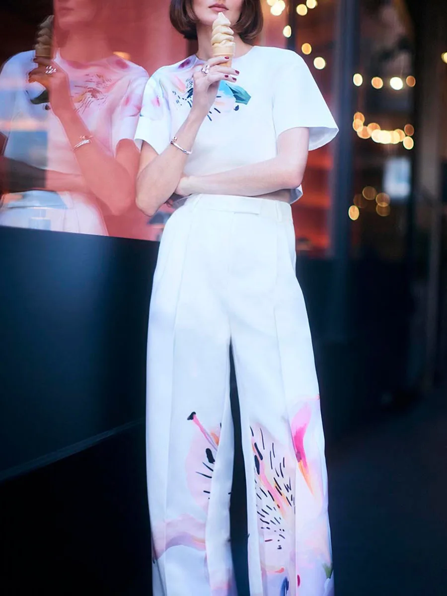 VGH 아메리칸 캐주얼 투피스 세트 여성용 O넥 반팔 탑 하이웨이스트 와이드 레그 팬츠 스윗 프린트 슈트 여성 패션