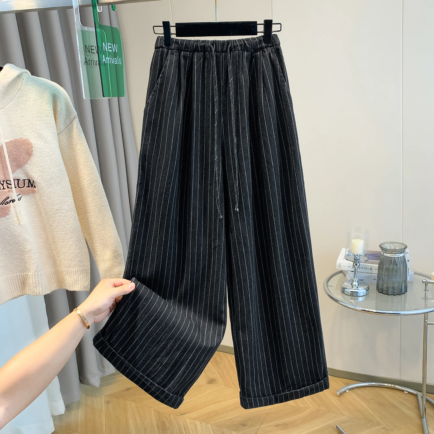 

Джинсы с высокой талией, прямые, в полоску, больших размеров, повседневные, широкие брюки, универсальные, простые, элегантные, для женщин больших размеров