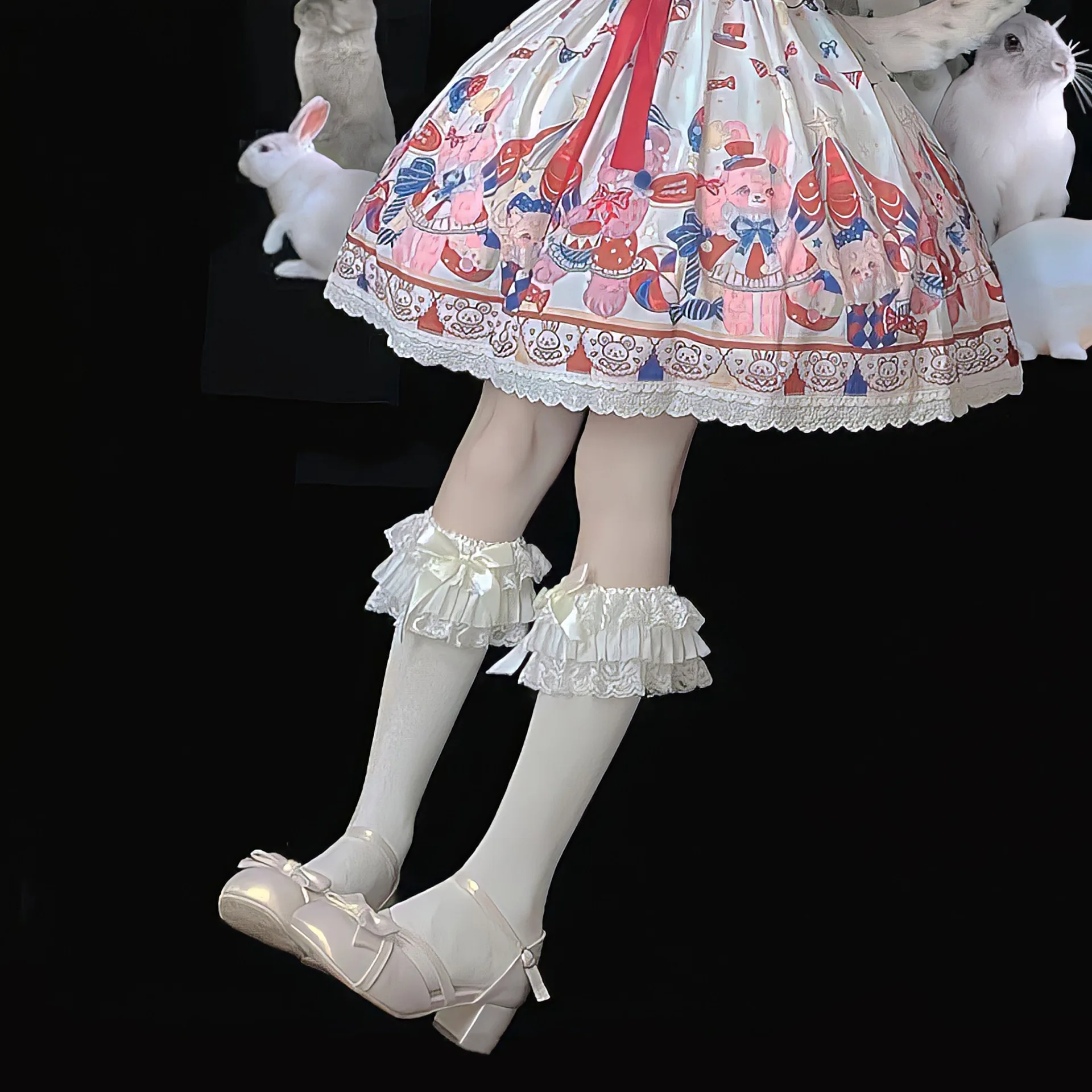 Calcetines hasta la rodilla de encaje Lolita para niña, medias de algodón con nudo de lazo, dibujos animados, disfraces de princesa, accesorios de Cosplay