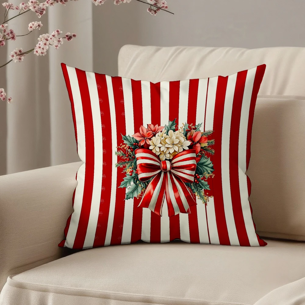 Square Throw Pillow Cover Red And White Vertical Stripes Christmas Floral Bouquet With Striped Bow Print Decorative Cushion Case